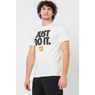 Nike, Tricou din bumbac cu imprimeu si decolteu la baza gatului, Negru, Alb optic, M