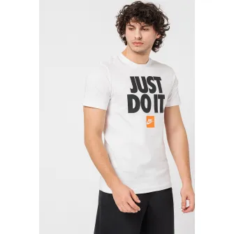 Nike, Tricou din bumbac cu imprimeu si decolteu la baza gatului, Negru, Alb optic, M