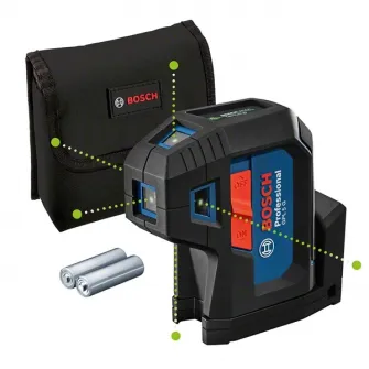 Nivela laser cu puncte Bosch Professional GPL 5 G, 30 m domeniu lucru, 500-540 nm dioda laser, ± 0.35 mm/m precizie, ±4° autonivelare, IP65, 1/4 filet stativ, husa, 2 baterii 1.5 V LR6 (AA)