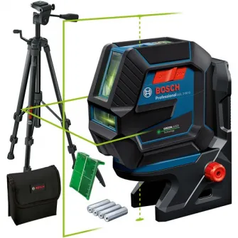 Многофункциональный лазерный нивелир Bosch Professional 0601066M01, максимальная рабочая дальность 50 м, рабочая точность  0,3 мм/м, диапазон самонивелирования  4, IP 64, крышка, поворотная опора RM 10, лазерная визирная пластина, 4 батарейки АА, строител