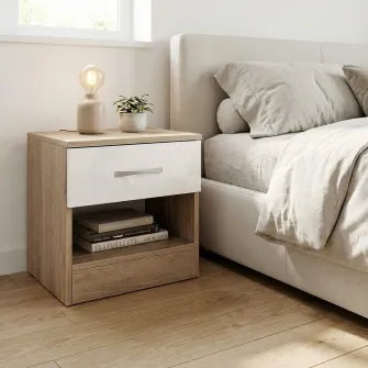 Noptiera Irim Faust, 40x35,5x41 cm, 1 sertar, Culoare Sonoma Arwen, Alb Gloss