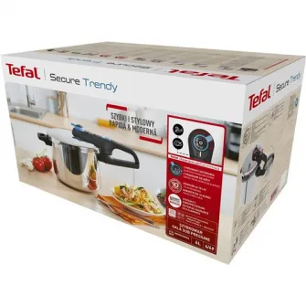 Oala sub presiune Tefal Secure Trendy 6 Aqua Blue, 6L, 2 trepte de gatire, 5 sisteme de siguranta, indicator presiune, inductie, inox cu maner negru cu insertii albastre