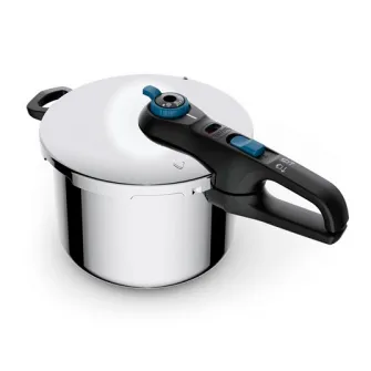 Oala sub presiune Tefal Secure Trendy 8 Aqua Blue, 8L, 2 trepte de gatire, 5 sisteme de siguranta, indicator presiune, inductie, inox cu maner negru cu insertii albastre