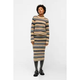 .OBJECT, Pulover cu model in dungi si detaliu perforat, Gri, Maro nisip, S