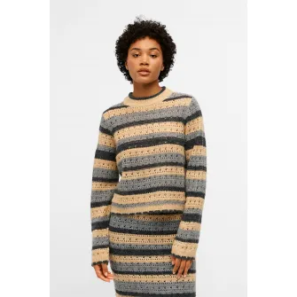.OBJECT, Pulover cu model in dungi si detaliu perforat, Gri, Maro nisip, S