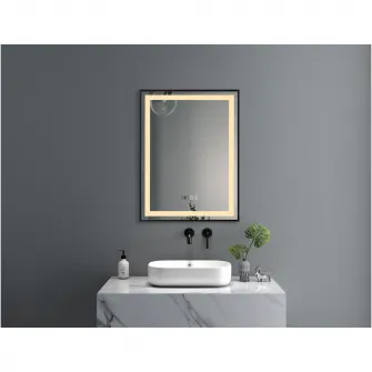 Oglinda baie Belform Infinity, cu iluminare LED 3 culori, intrerupator Touch, ceas, functie dezaburire, 60x80 cm, rama aluminiu neagra