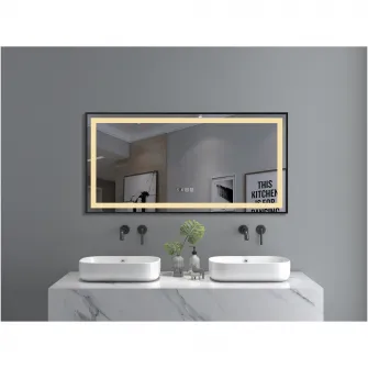 Oglinda baie Belform Infinity, cu iluminare LED 3 culori, intrerupator touch, ceas, functie dezaburire, 120x60 cm, rama aluminiu neagra