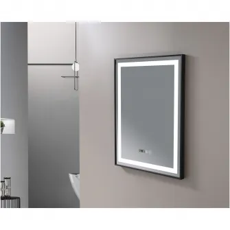 Oglinda baie Belform Infinity, cu iluminare LED 3 culori, intrerupator Touch, ceas, functie dezaburire, 60x80 cm, rama aluminiu neagra