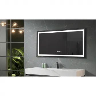 Oglinda baie Belform Infinity, cu iluminare LED 3 culori, intrerupator touch, ceas, functie dezaburire, 120x60 cm, rama aluminiu neagra