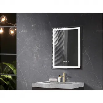 Oglinda baie Belform Infinity, cu iluminare LED 3 culori, intrerupator Touch, ceas, functie dezaburire, 60x80 cm, rama aluminiu neagra