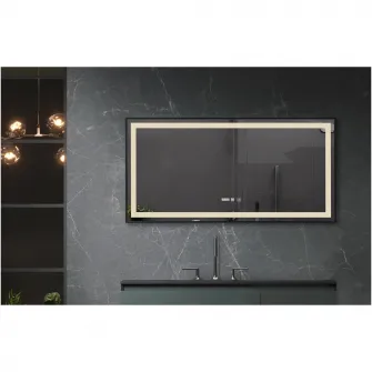 Oglinda baie Belform Infinity, cu iluminare LED 3 culori, intrerupator touch, ceas, functie dezaburire, 120x60 cm, rama aluminiu neagra
