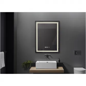 Oglinda baie Belform Infinity, cu iluminare LED 3 culori, intrerupator Touch, ceas, functie dezaburire, 60x80 cm, rama aluminiu neagra