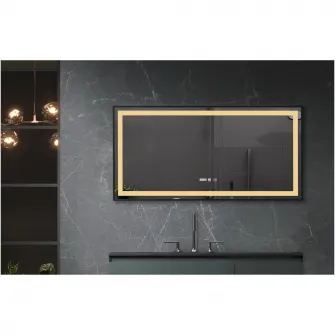 Oglinda baie Belform Infinity, cu iluminare LED 3 culori, intrerupator touch, ceas, functie dezaburire, 120x60 cm, rama aluminiu neagra