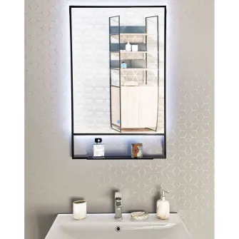Oglinda baie cu iluminare LED Badenmob 19345, intrerupator touch MD6, 60x95cm, rama neagra si polita