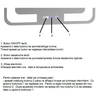 Oglinda baie cu iluminare LED Badenmob 19697, cu functie dezaburire, ceas, data si termometru, MD2, 60x80cm, clasa energetica G