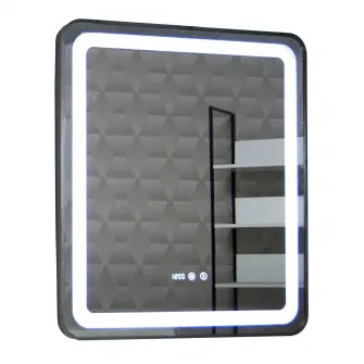 Oglinda baie cu iluminare LED Badenmob, functie dezaburire, ceas, data si termometru, 70x80cm, rama neagra