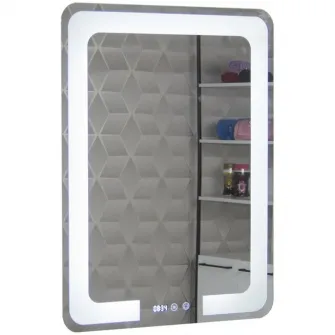 Oglinda cu iluminare LED Badenmob, Buton touch ON/OFF, functie dezaburire, ceas, data si termometru, 60x80cm, clasa energetica G