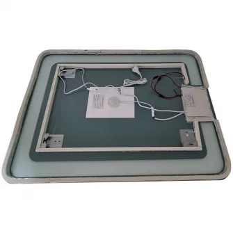 Oglinda cu iluminare LED Badenmob, Buton touch ON/OFF, functie dezaburire, ceas, data si termometru, 60x80cm, clasa energetica G