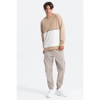OMBRE, Bluza de trening cu decolteu la baza gatului si model colorblock, Alb, Bej, 2XL