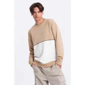 OMBRE, Bluza de trening cu decolteu la baza gatului si model colorblock, Alb, Bej, 2XL
