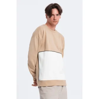 OMBRE, Bluza de trening cu decolteu la baza gatului si model colorblock, Alb, Bej, 2XL