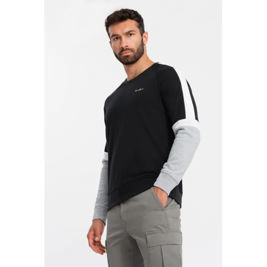 OMBRE, Bluza de trening din amestec de bumbac cu decolteu la baza gatului, Alb, Negru, Gri melange, S
