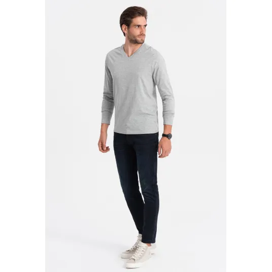 OMBRE, Bluza din bumbac cu decolteu in V, Gri deschis melange, 2XL