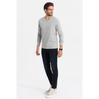 OMBRE, Bluza din bumbac cu decolteu in V, Gri deschis melange, M