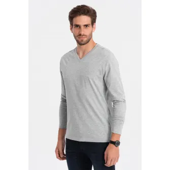 OMBRE, Bluza din bumbac cu decolteu in V, Gri deschis melange, M