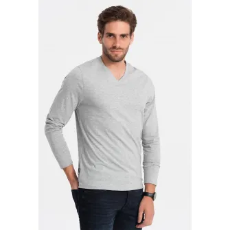 OMBRE, Bluza din bumbac cu decolteu in V, Gri deschis melange, M