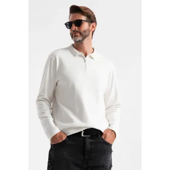OMBRE, Bluza polo cu fenta cu fermoar, Alb, 2XL