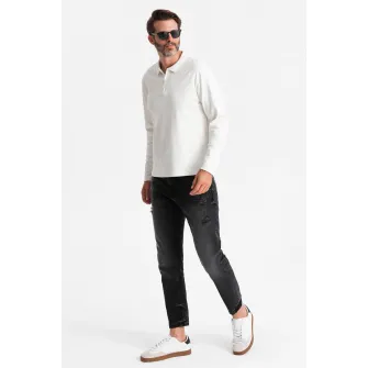 OMBRE, Bluza polo cu fenta cu fermoar, Alb, 2XL
