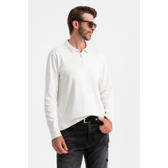 OMBRE, Bluza polo cu fenta cu fermoar, Alb, 2XL