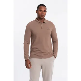 OMBRE, Bluza polo cu fenta cu fermoar, Camel, S
