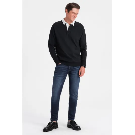 OMBRE, Bluza polo lejera de trening cu fenta cu nasturi, Negru, S