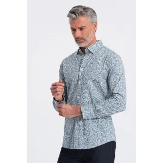 OMBRE, Camasa de bumbac cu model vegetal, Gri, Albastru prafuit, S