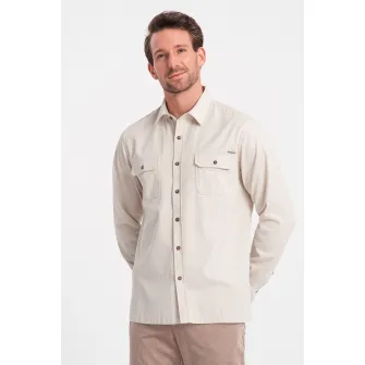 OMBRE, Camasa regular fit cu buzunare pe piept, Alb fildes, S