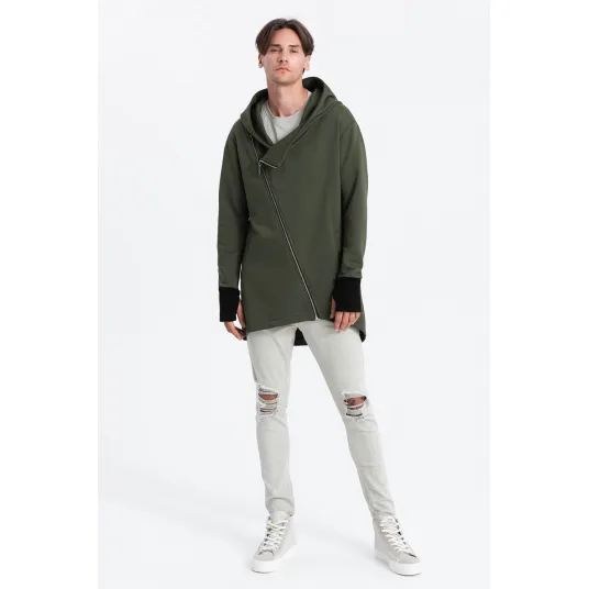 OMBRE, Hanorac cu fermoar si terminatie asimetrica, Verde militar, M