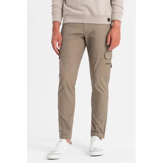 OMBRE, Pantaloni cargo cu croiala dreapta si buzunare cu fermoar, Kaki, 2XL