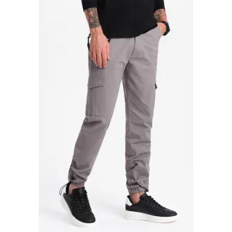 OMBRE, Pantaloni cargo cu snururi de ajustare la terminatie, Gri cenusiu, S