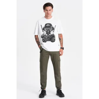 OMBRE, Pantaloni cargo cu snururi de ajustare la terminatie, Verde militar, S
