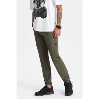OMBRE, Pantaloni cargo cu snururi de ajustare la terminatie, Verde militar, S