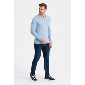 OMBRE, Pulover slim fit cu decolteu in V, Albastru deschis, 2XL
