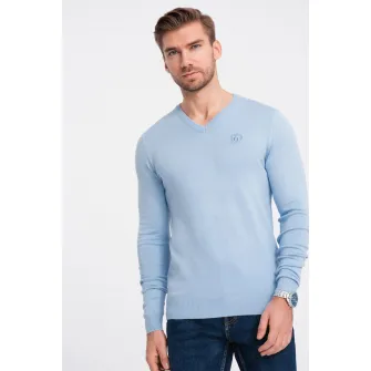 OMBRE, Pulover slim fit cu decolteu in V, Albastru deschis, 2XL