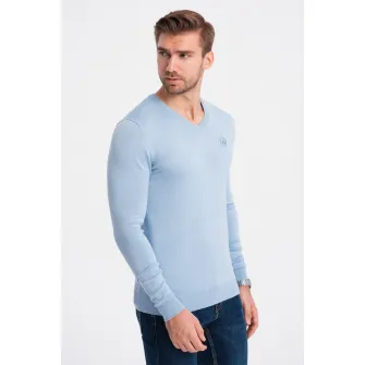 OMBRE, Pulover slim fit cu decolteu in V, Albastru deschis, 2XL