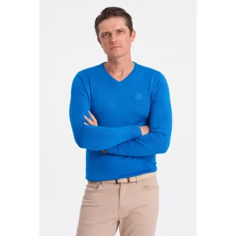 OMBRE, Pulover slim fit cu decolteu in V, Albastru royal, 2XL