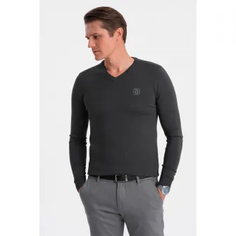 OMBRE, Pulover slim fit cu decolteu in V, Gri antracit, 2XL