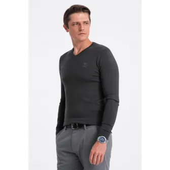 OMBRE, Pulover slim fit cu decolteu in V, Gri antracit, 2XL