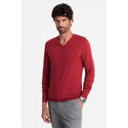 OMBRE, Pulover slim fit cu decolteu in V, Rosu, XL