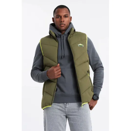OMBRE, Vesta matlasata cu buzunare cu fermoar, Verde masliniu, L-XL